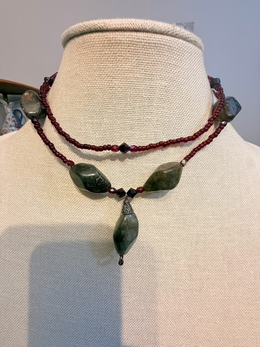 14” Genuine Green Gemstone Carved Bead Pendant Necklace